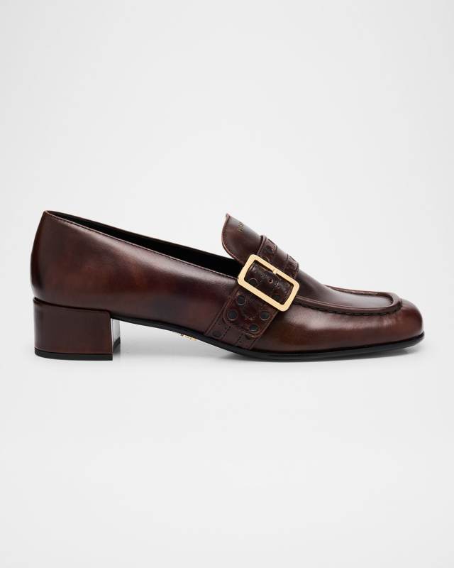 Perforated Leather Buckle Heeled Loafers